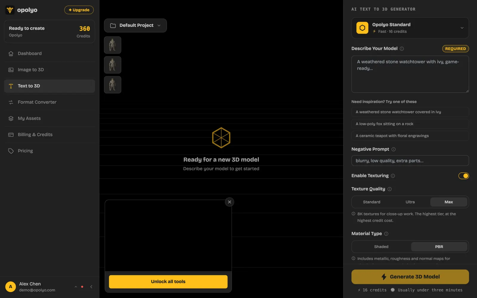 Text to 3D workbench with a model description and generation options