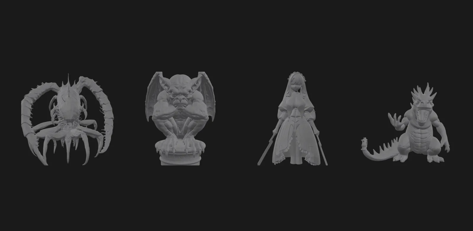 Four bare 3D meshes side by side, the kind of geometry both STL and 3MF files carry