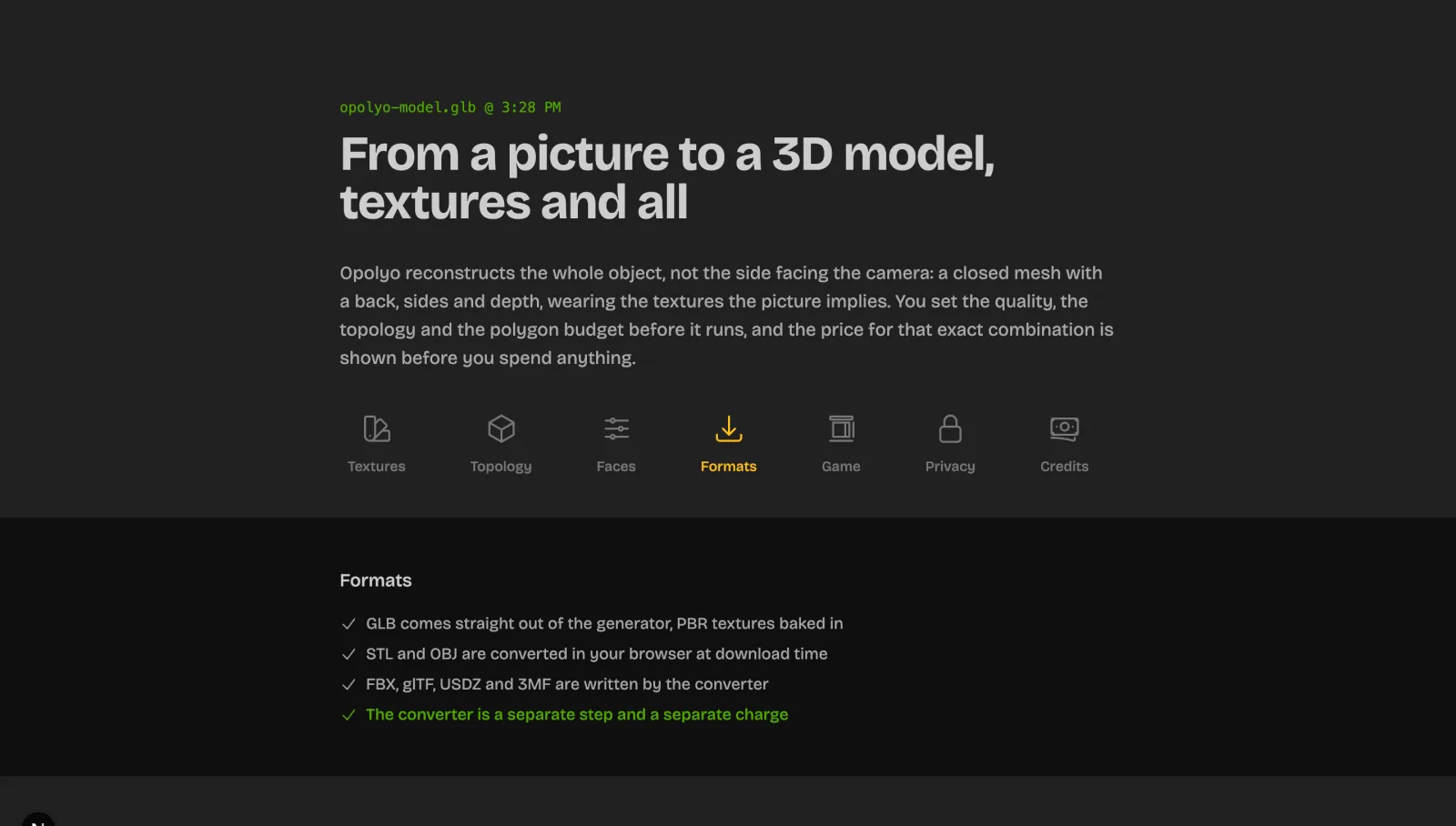 Generator settings for texture quality, topology, face limit and export formats