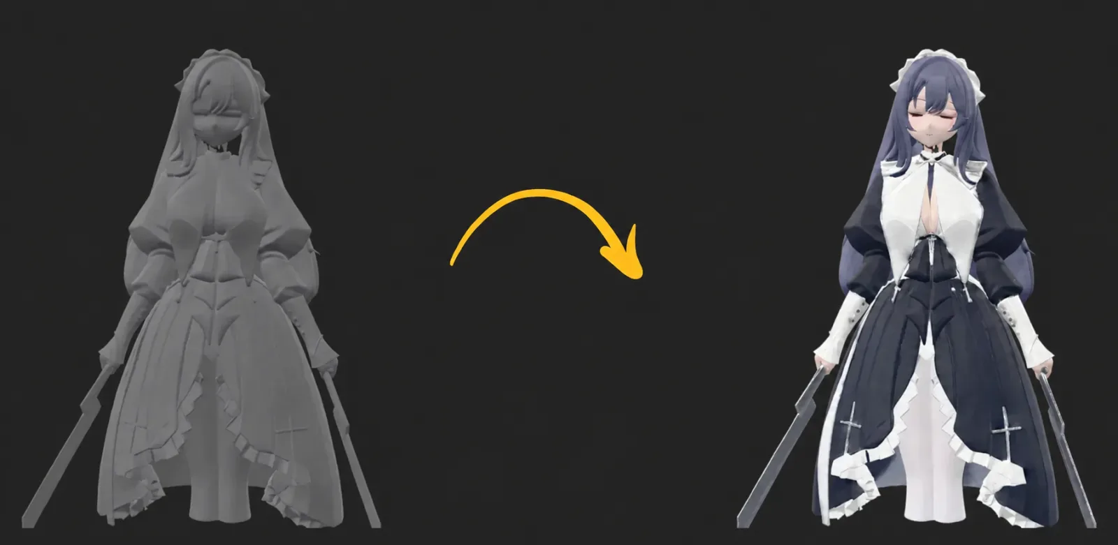 A bare 3D mesh on the left and the same model with textures on the right