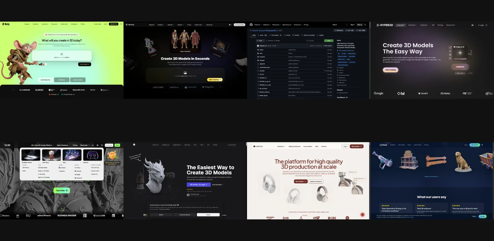 Homepages of Meshy and seven alternative AI 3D model generators